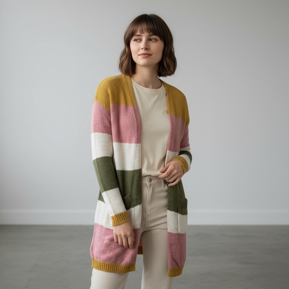 Charlie B Bold Multicolor Stripe Nubby Knit Open Front Long Line Cardigan Sz XS